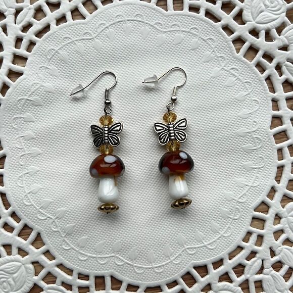 Butterfly Mushroom Earrings, Cottagecore, Dangle, Glass, Gold, Silver - Picture 4 of 11